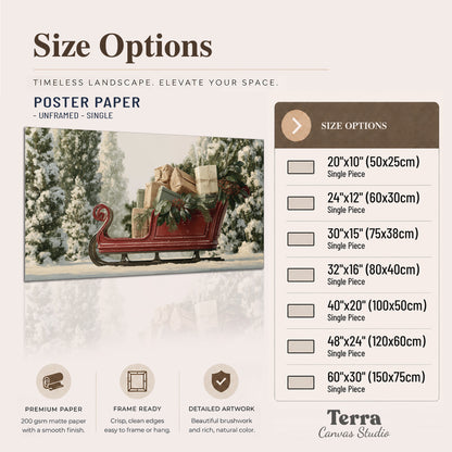 A red sleigh filled with wrapped gifts and evergreen branches among snowy fir trees single poster print available dimensions