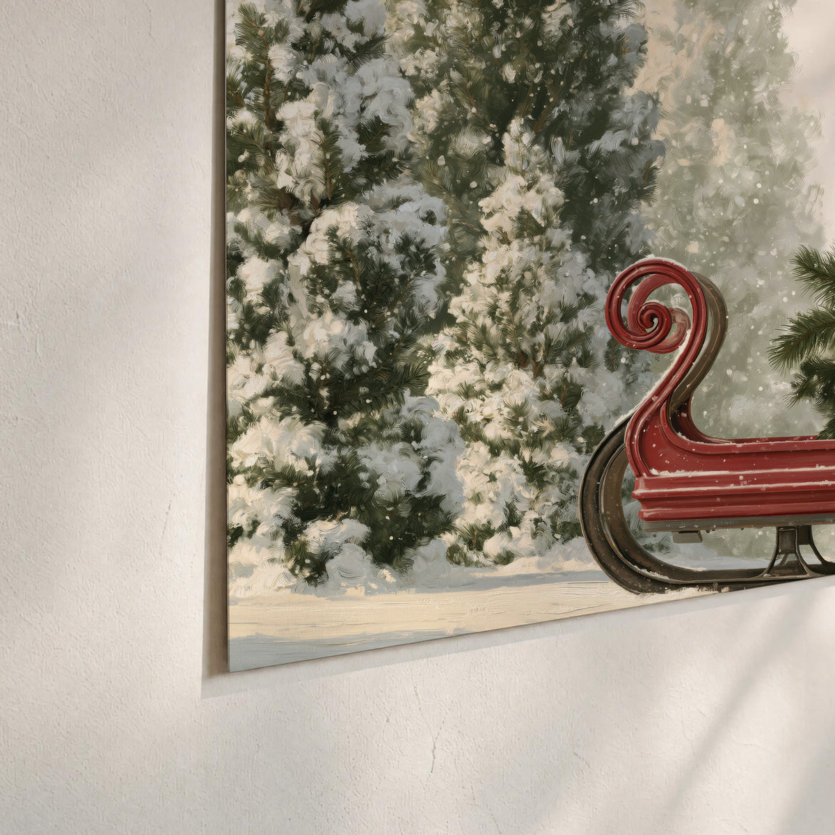 A red sleigh filled with wrapped gifts and evergreen branches among snowy fir trees set of 3 poster prints material and edge close up