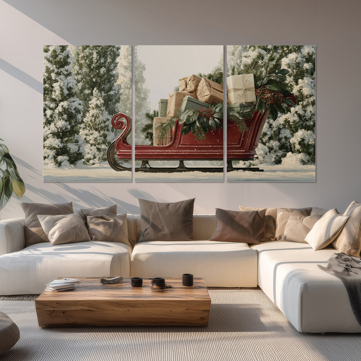A red sleigh filled with wrapped gifts and evergreen branches among snowy fir trees set of 3 poster prints displayed in a living room