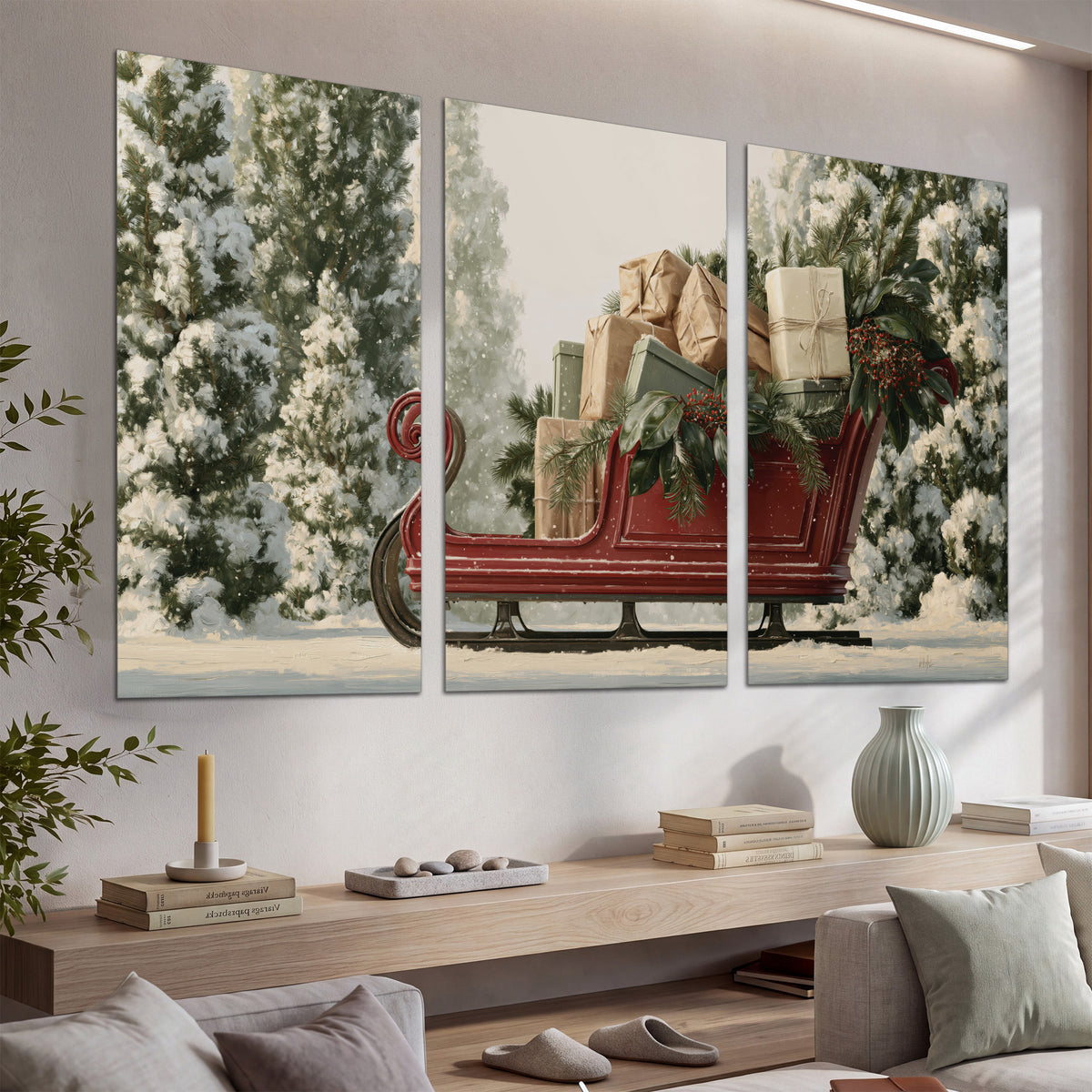 A red sleigh filled with wrapped gifts and evergreen branches among snowy fir trees set of 3 poster prints displayed in a console