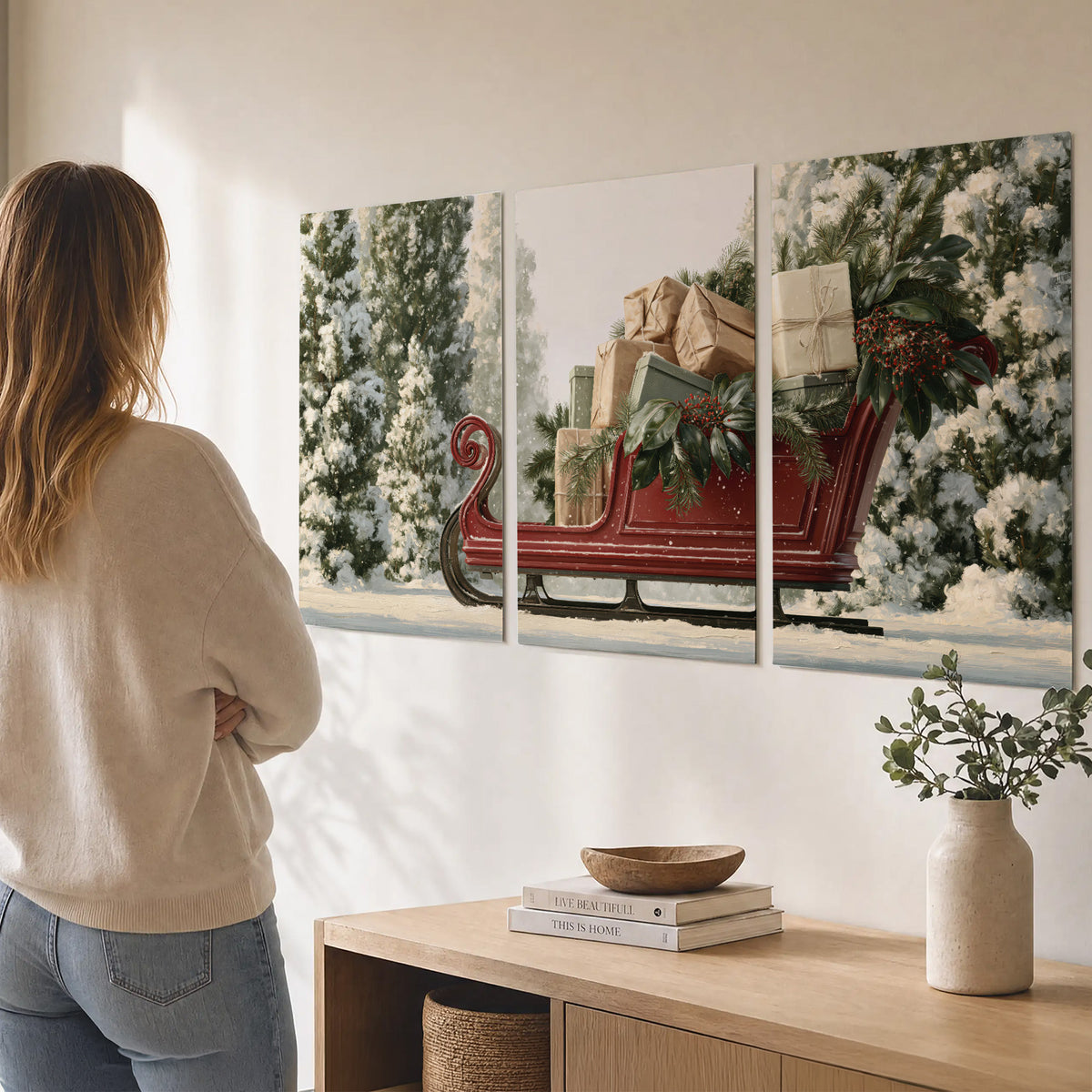 A red sleigh filled with wrapped gifts and evergreen branches among snowy fir trees set of 3 poster prints three panel arrangement on a wall