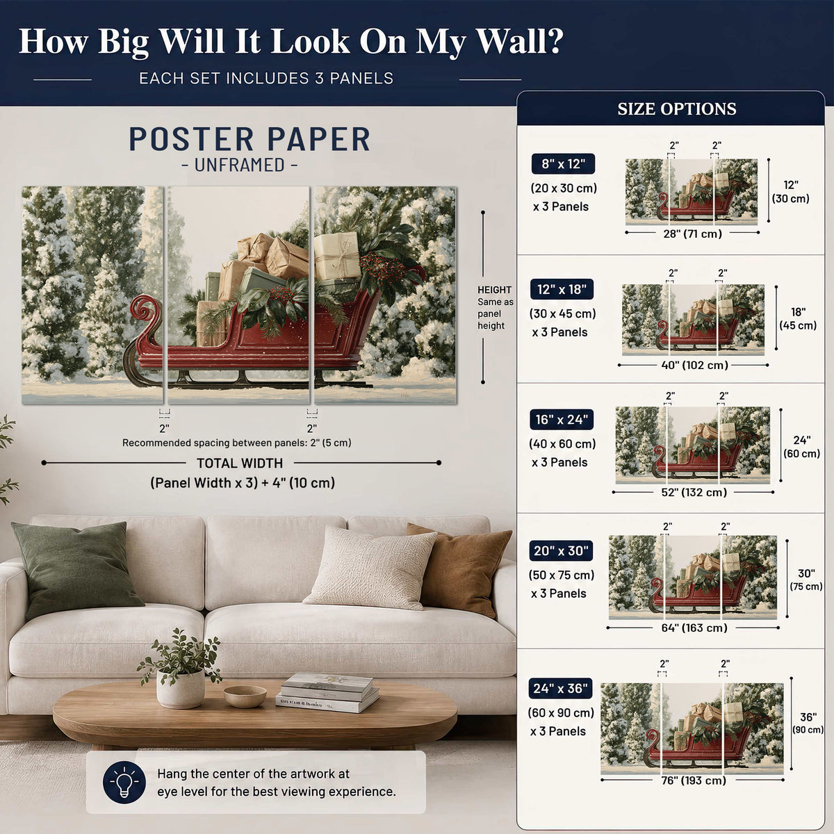 A red sleigh filled with wrapped gifts and evergreen branches among snowy fir trees set of 3 poster prints size guide above a sofa; room view is illustrative