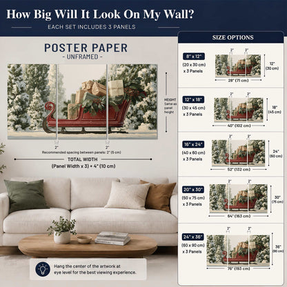 A red sleigh filled with wrapped gifts and evergreen branches among snowy fir trees set of 3 poster prints size guide above a sofa; room view is illustrative