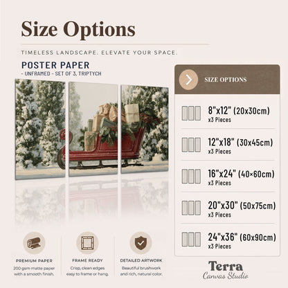 A red sleigh filled with wrapped gifts and evergreen branches among snowy fir trees set of 3 poster prints available dimensions; triptych dimensions are per panel