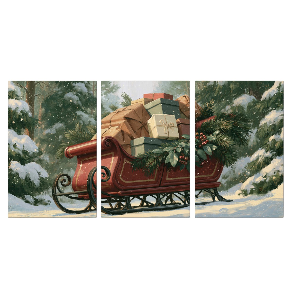 A red sleigh stacked with warm neutral gifts beneath snow-covered evergreen branches 3 piece canvas wall art viewed straight on