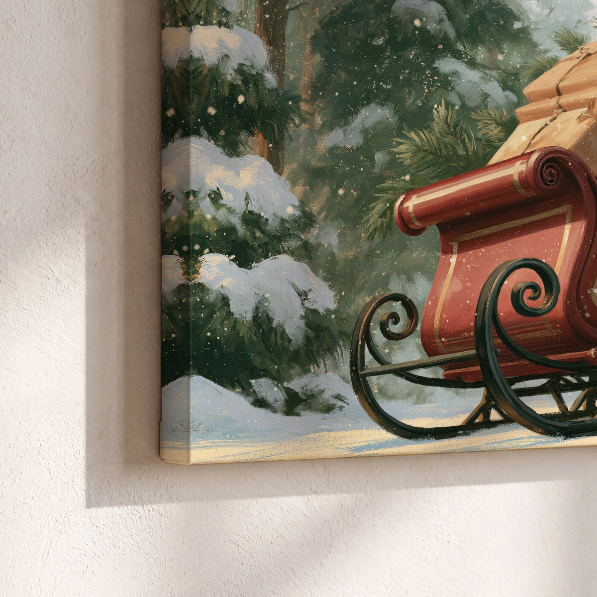 A red sleigh stacked with warm neutral gifts beneath snow-covered evergreen branches 3 piece canvas wall art material and edge close up