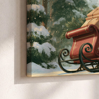 A red sleigh stacked with warm neutral gifts beneath snow-covered evergreen branches 3 piece canvas wall art material and edge close up