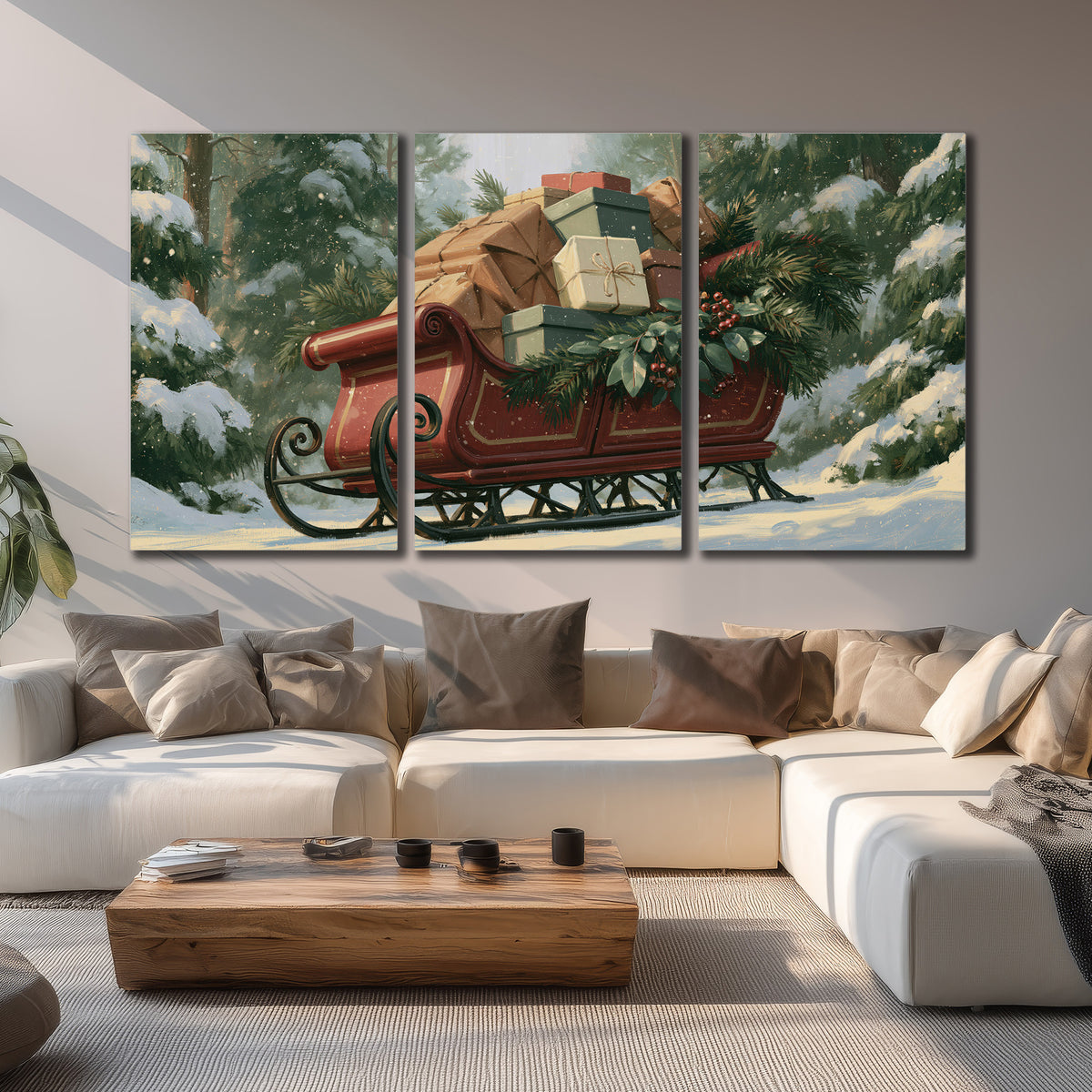 A red sleigh stacked with warm neutral gifts beneath snow-covered evergreen branches 3 piece canvas wall art displayed in a living room