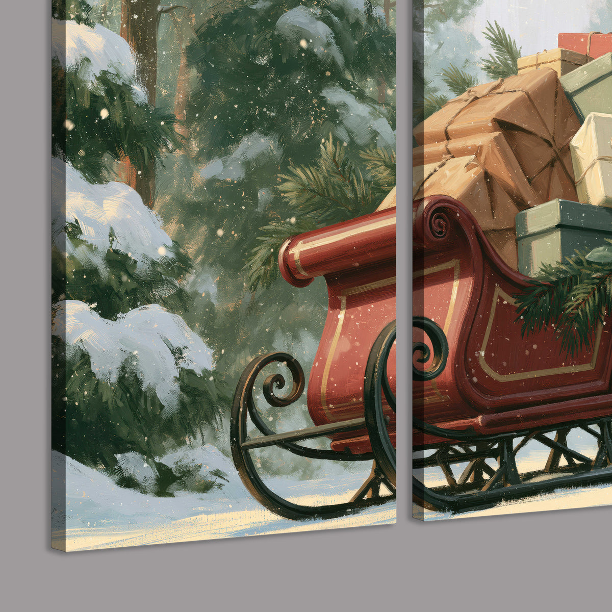 A red sleigh stacked with warm neutral gifts beneath snow-covered evergreen branches 3 piece canvas wall art room and product view