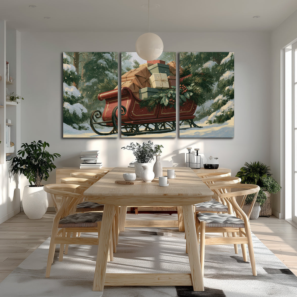 A red sleigh stacked with warm neutral gifts beneath snow-covered evergreen branches 3 piece canvas wall art room and product view