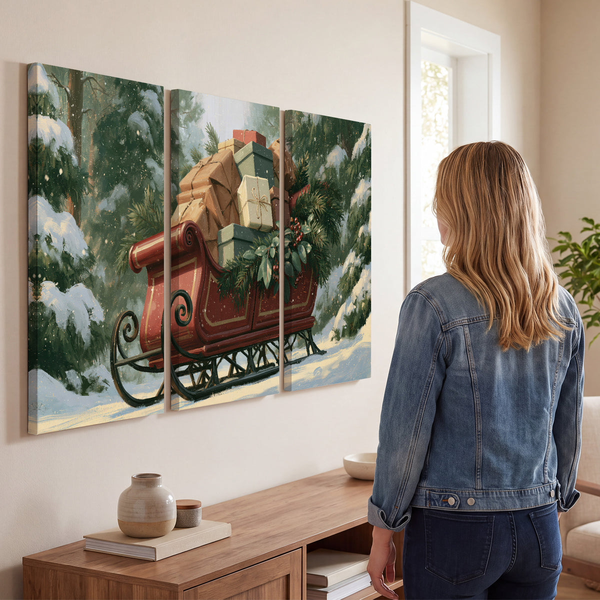 A red sleigh stacked with warm neutral gifts beneath snow-covered evergreen branches 3 piece canvas wall art three panel arrangement on a wall