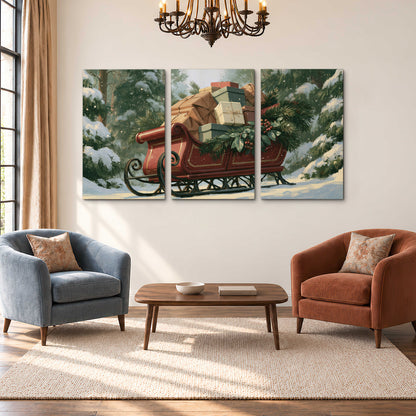 A red sleigh stacked with warm neutral gifts beneath snow-covered evergreen branches 3 piece canvas wall art styled in an interior
