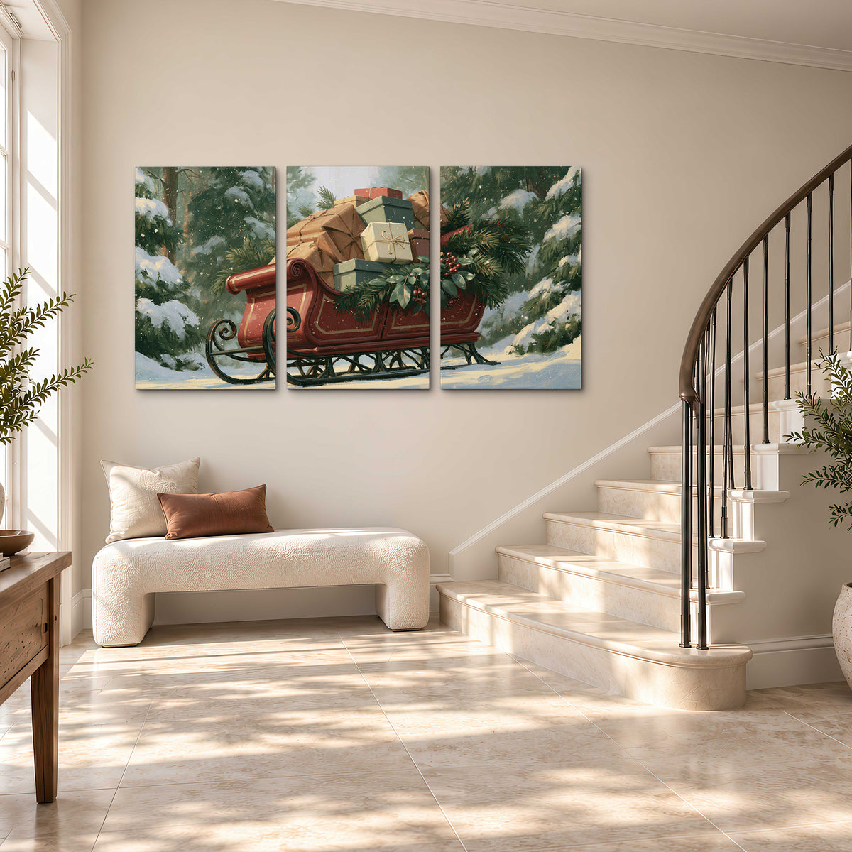 A red sleigh stacked with warm neutral gifts beneath snow-covered evergreen branches 3 piece canvas wall art styled in an interior