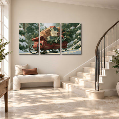A red sleigh stacked with warm neutral gifts beneath snow-covered evergreen branches 3 piece canvas wall art styled in an interior