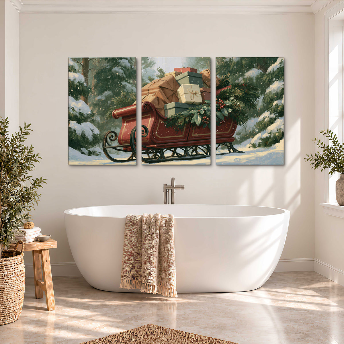 A red sleigh stacked with warm neutral gifts beneath snow-covered evergreen branches 3 piece canvas wall art styled in an interior