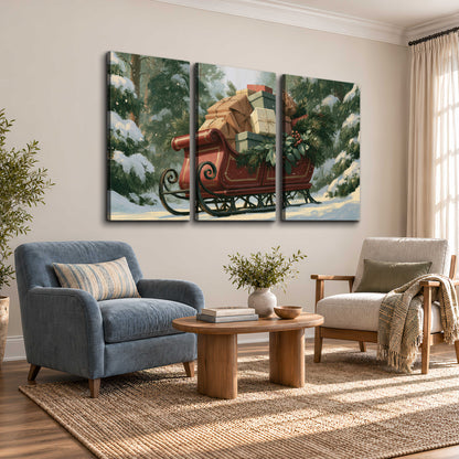 A red sleigh stacked with warm neutral gifts beneath snow-covered evergreen branches 3 piece canvas wall art styled in an interior