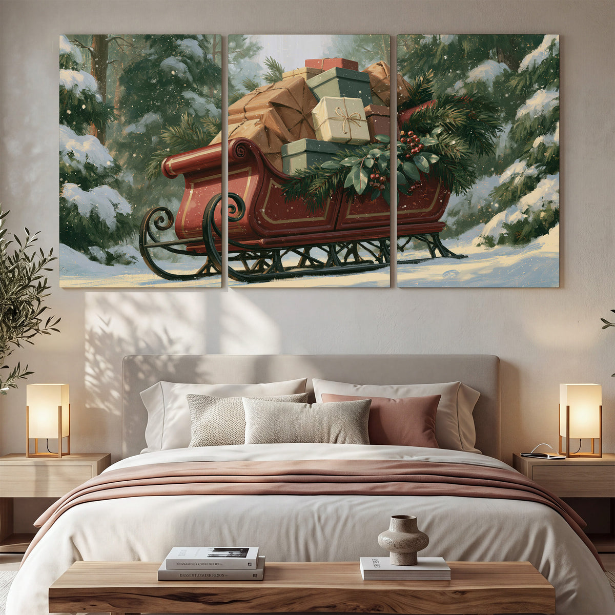 A red sleigh stacked with warm neutral gifts beneath snow-covered evergreen branches 3 piece canvas wall art displayed in a bedroom