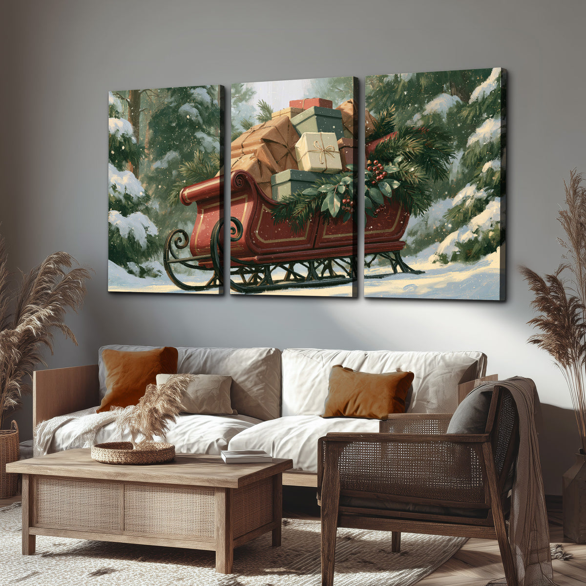 A red sleigh stacked with warm neutral gifts beneath snow-covered evergreen branches 3 piece canvas wall art displayed in a rustic living room