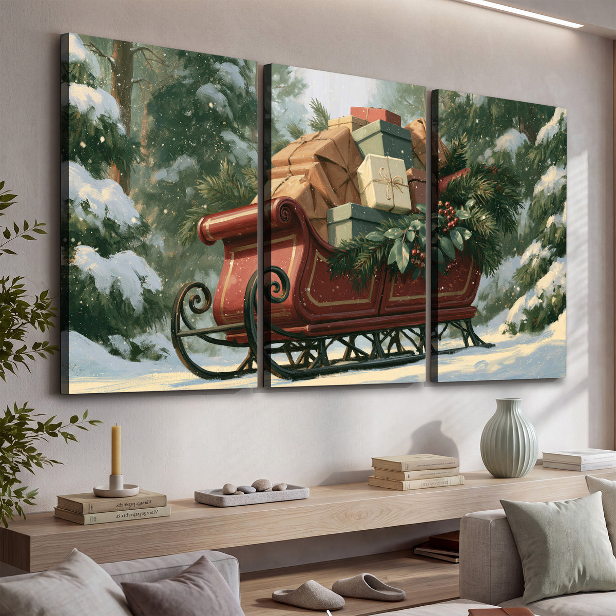 A red sleigh stacked with warm neutral gifts beneath snow-covered evergreen branches 3 piece canvas wall art displayed in a console
