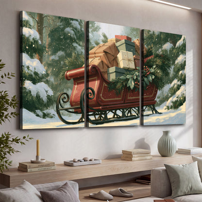 A red sleigh stacked with warm neutral gifts beneath snow-covered evergreen branches 3 piece canvas wall art displayed in a console