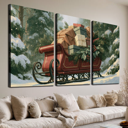 A red sleigh stacked with warm neutral gifts beneath snow-covered evergreen branches 3 piece canvas wall art room and product view