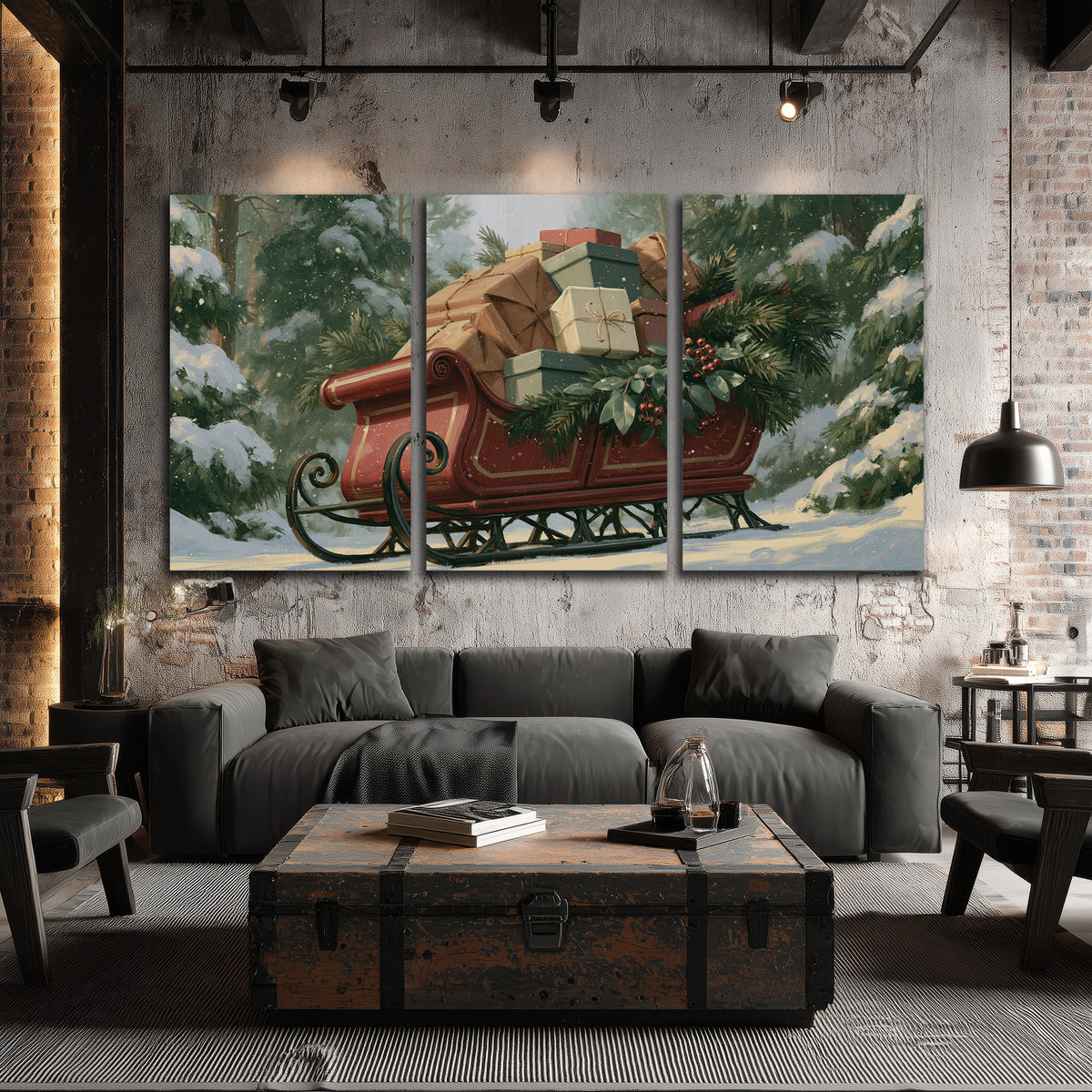 A red sleigh stacked with warm neutral gifts beneath snow-covered evergreen branches 3 piece canvas wall art displayed in a industrial room