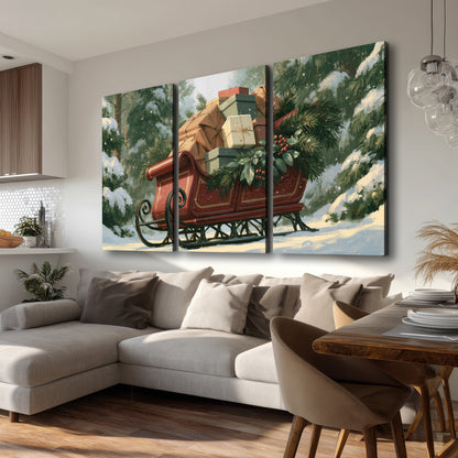 A red sleigh stacked with warm neutral gifts beneath snow-covered evergreen branches 3 piece canvas wall art room and product view