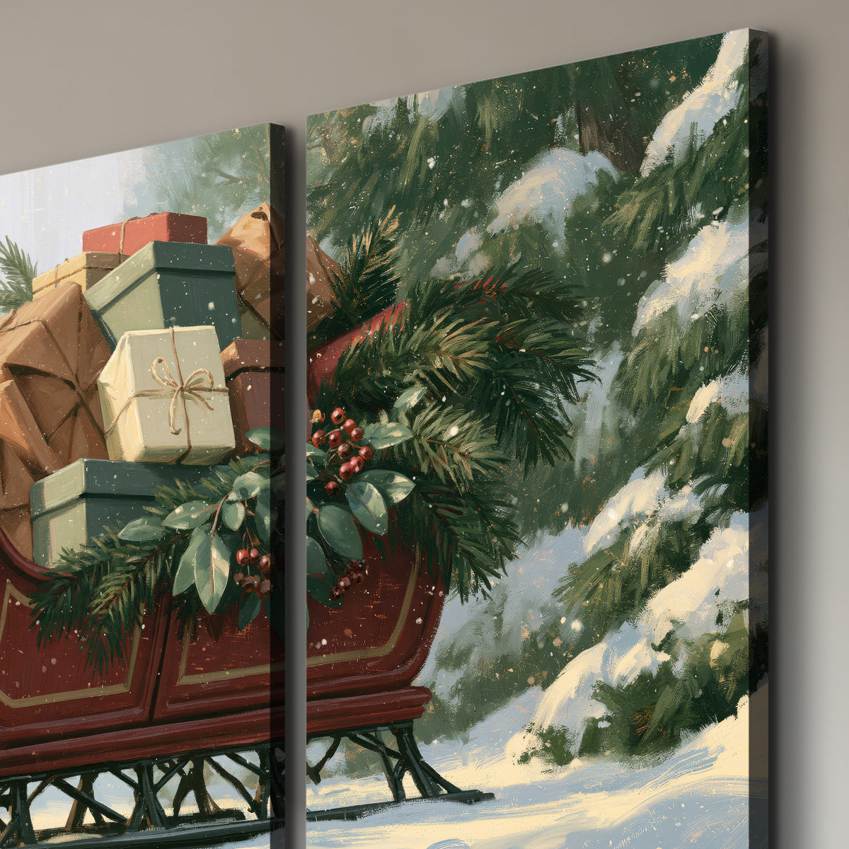 A red sleigh stacked with warm neutral gifts beneath snow-covered evergreen branches 3 piece canvas wall art room and product view
