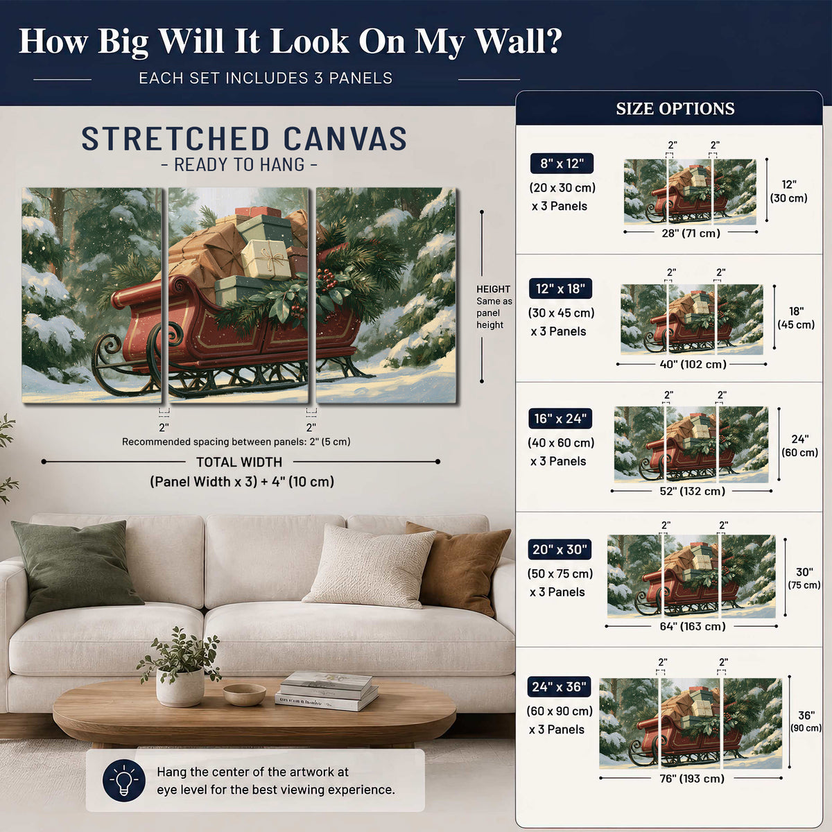 A red sleigh stacked with warm neutral gifts beneath snow-covered evergreen branches 3 piece canvas wall art size guide above a sofa; room view is illustrative