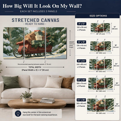 A red sleigh stacked with warm neutral gifts beneath snow-covered evergreen branches 3 piece canvas wall art size guide above a sofa; room view is illustrative