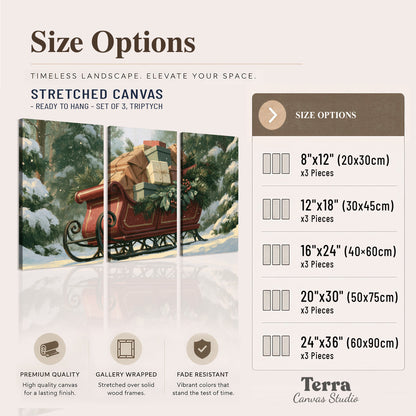 A red sleigh stacked with warm neutral gifts beneath snow-covered evergreen branches 3 piece canvas wall art available dimensions; triptych dimensions are per panel
