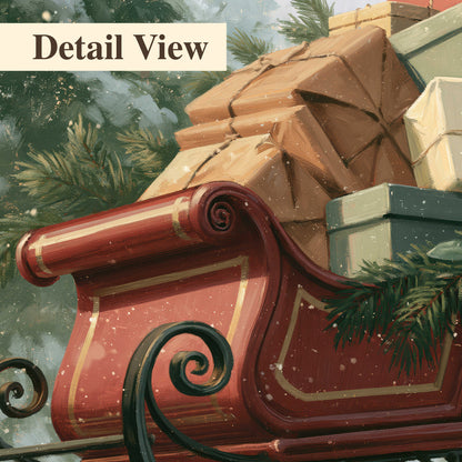 A red sleigh stacked with warm neutral gifts beneath snow-covered evergreen branches 3 piece canvas wall art artwork detail close up