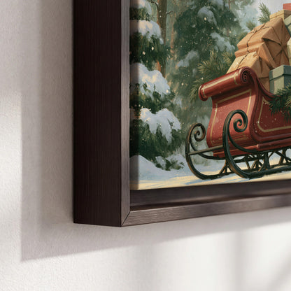 A red sleigh stacked with warm neutral gifts beneath snow-covered evergreen branches 3 piece framed canvas wall art material and edge close up