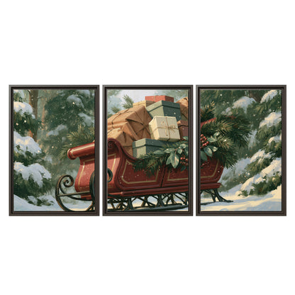 A red sleigh stacked with warm neutral gifts beneath snow-covered evergreen branches 3 piece framed canvas wall art viewed straight on