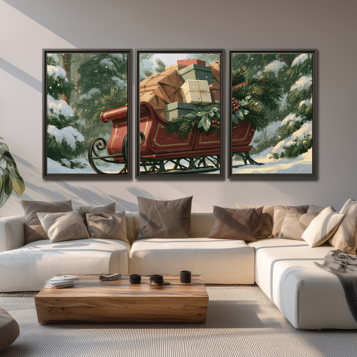 A red sleigh stacked with warm neutral gifts beneath snow-covered evergreen branches 3 piece framed canvas wall art displayed in a living room