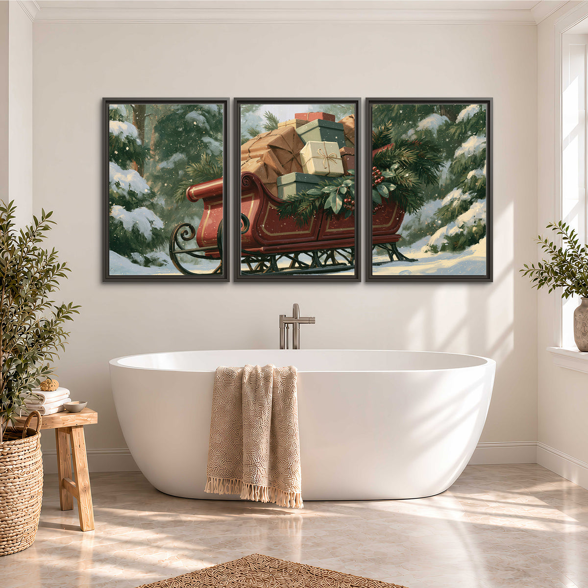 A red sleigh stacked with warm neutral gifts beneath snow-covered evergreen branches 3 piece framed canvas wall art styled in an interior