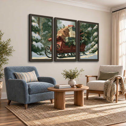 A red sleigh stacked with warm neutral gifts beneath snow-covered evergreen branches 3 piece framed canvas wall art styled in an interior