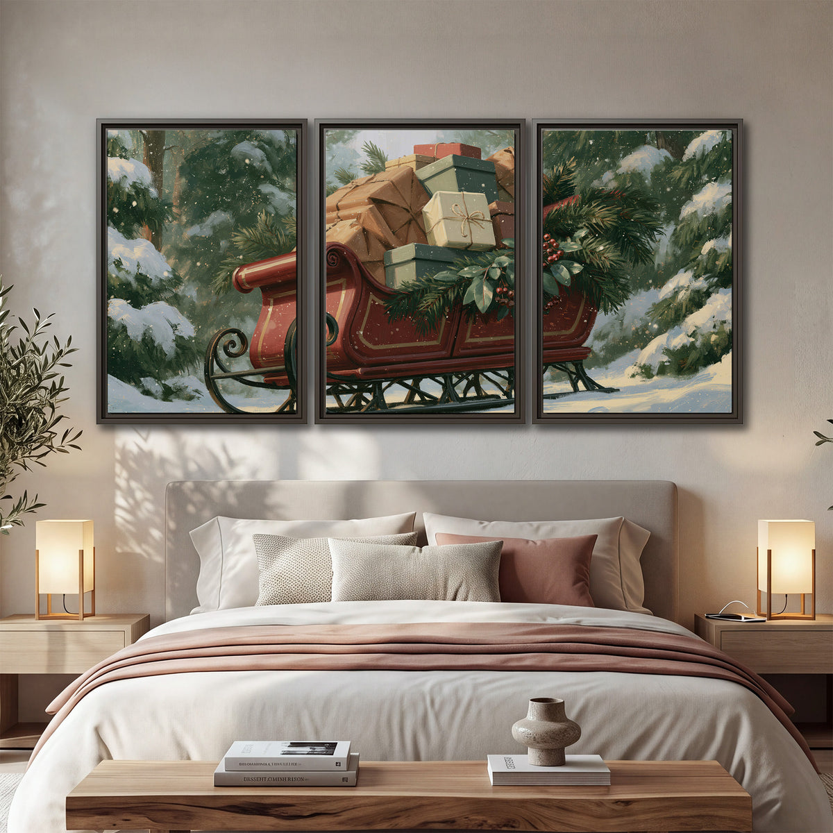 A red sleigh stacked with warm neutral gifts beneath snow-covered evergreen branches 3 piece framed canvas wall art displayed in a bedroom