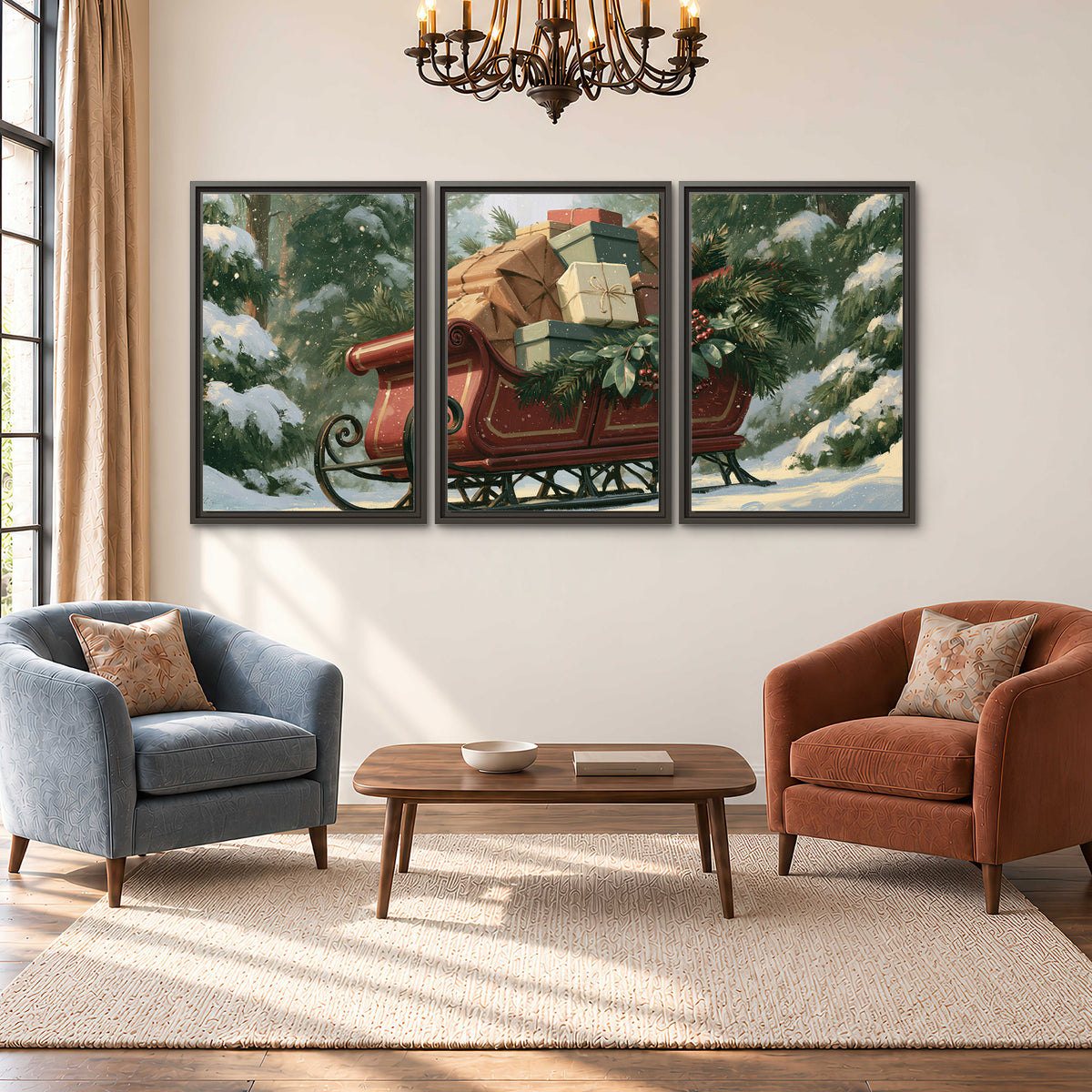 A red sleigh stacked with warm neutral gifts beneath snow-covered evergreen branches 3 piece framed canvas wall art styled in an interior
