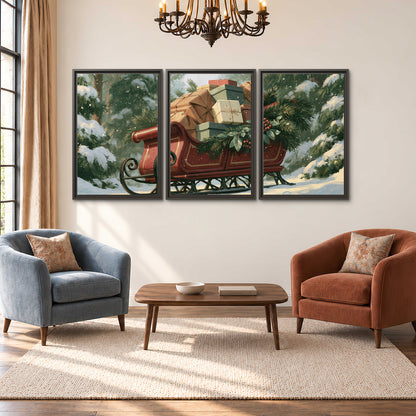 A red sleigh stacked with warm neutral gifts beneath snow-covered evergreen branches 3 piece framed canvas wall art styled in an interior