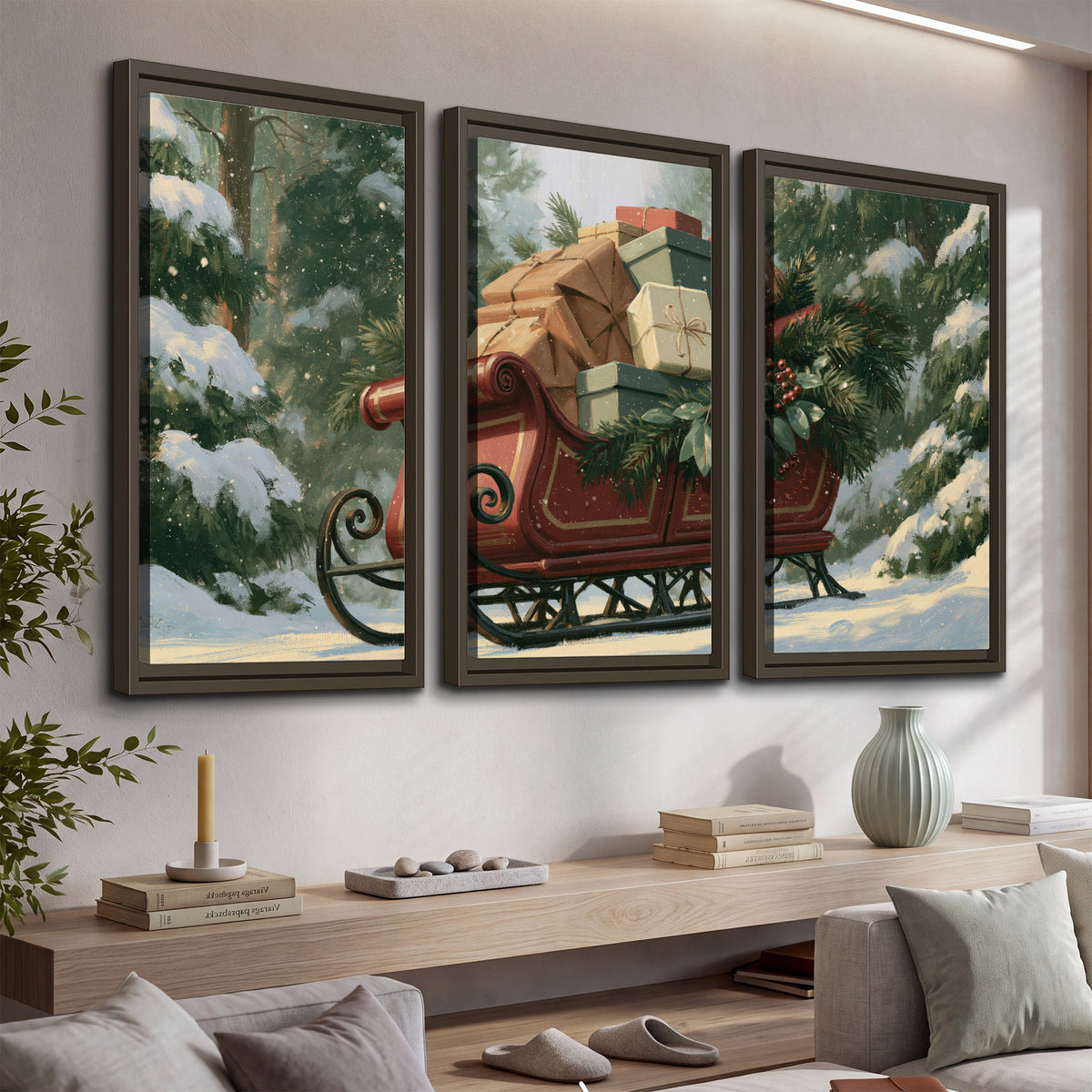 A red sleigh stacked with warm neutral gifts beneath snow-covered evergreen branches 3 piece framed canvas wall art displayed in a console