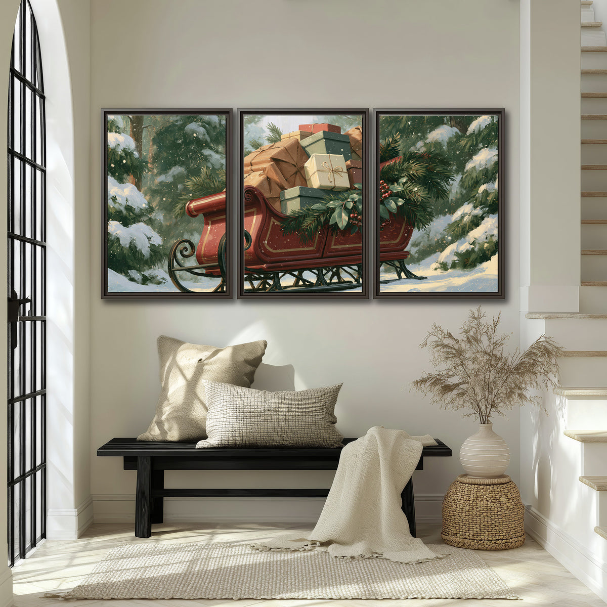 A red sleigh stacked with warm neutral gifts beneath snow-covered evergreen branches 3 piece framed canvas wall art displayed in a entryway