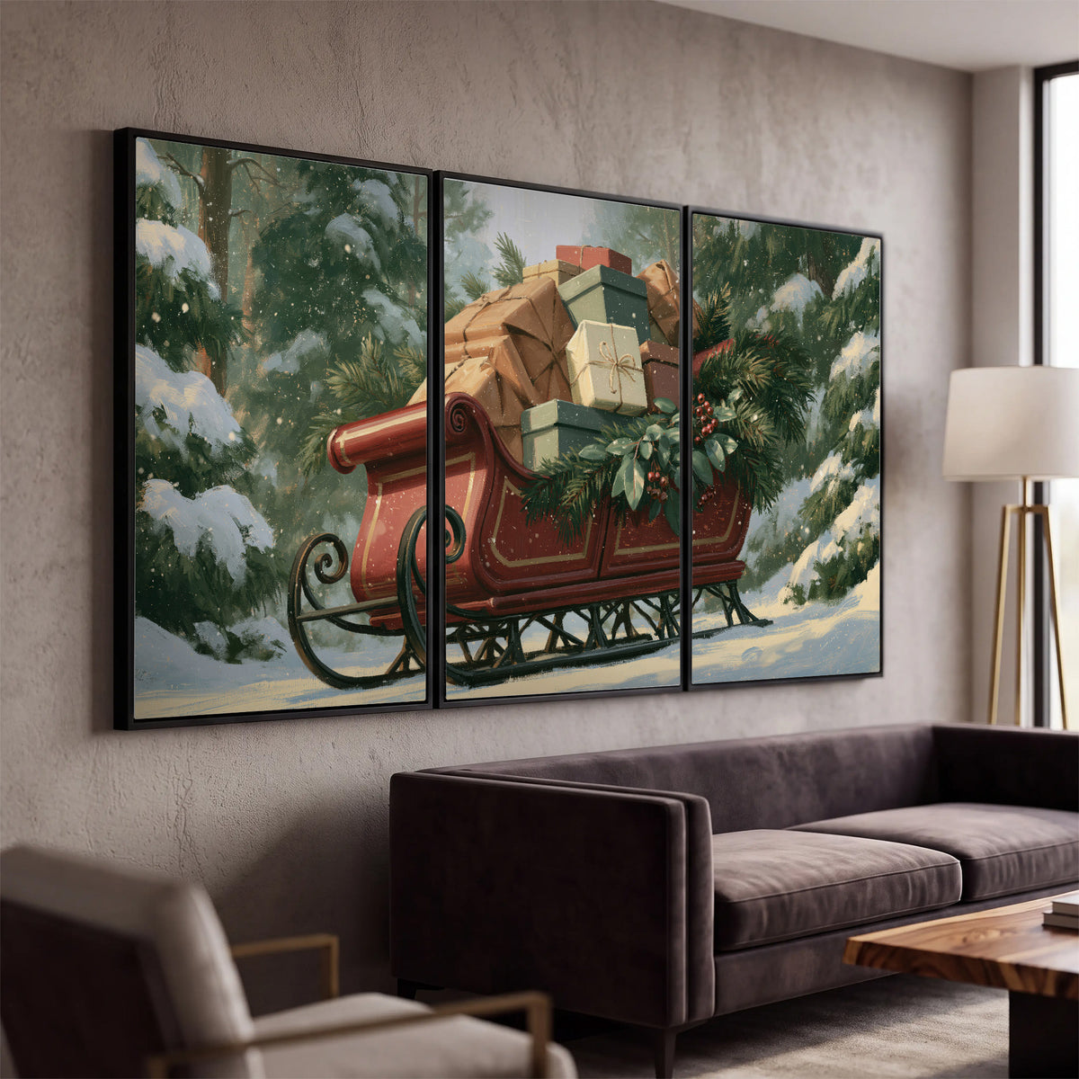 A red sleigh stacked with warm neutral gifts beneath snow-covered evergreen branches 3 piece framed canvas wall art displayed in a modern living room