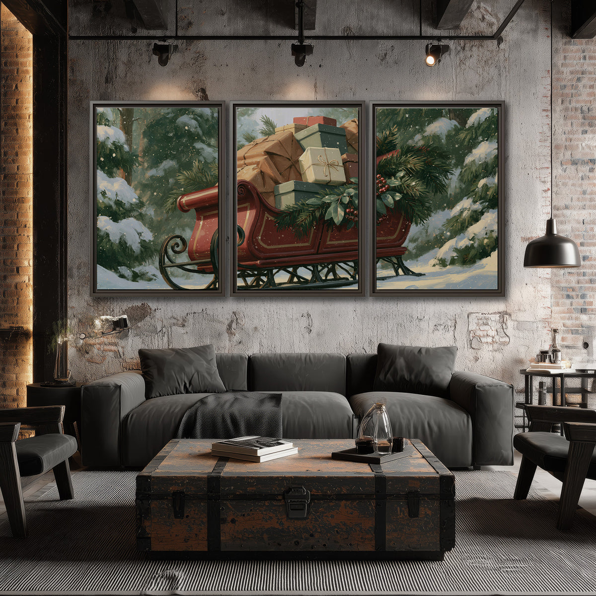 A red sleigh stacked with warm neutral gifts beneath snow-covered evergreen branches 3 piece framed canvas wall art displayed in a industrial room