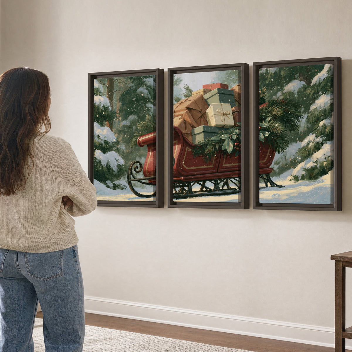 A red sleigh stacked with warm neutral gifts beneath snow-covered evergreen branches 3 piece framed canvas wall art three panel arrangement on a wall