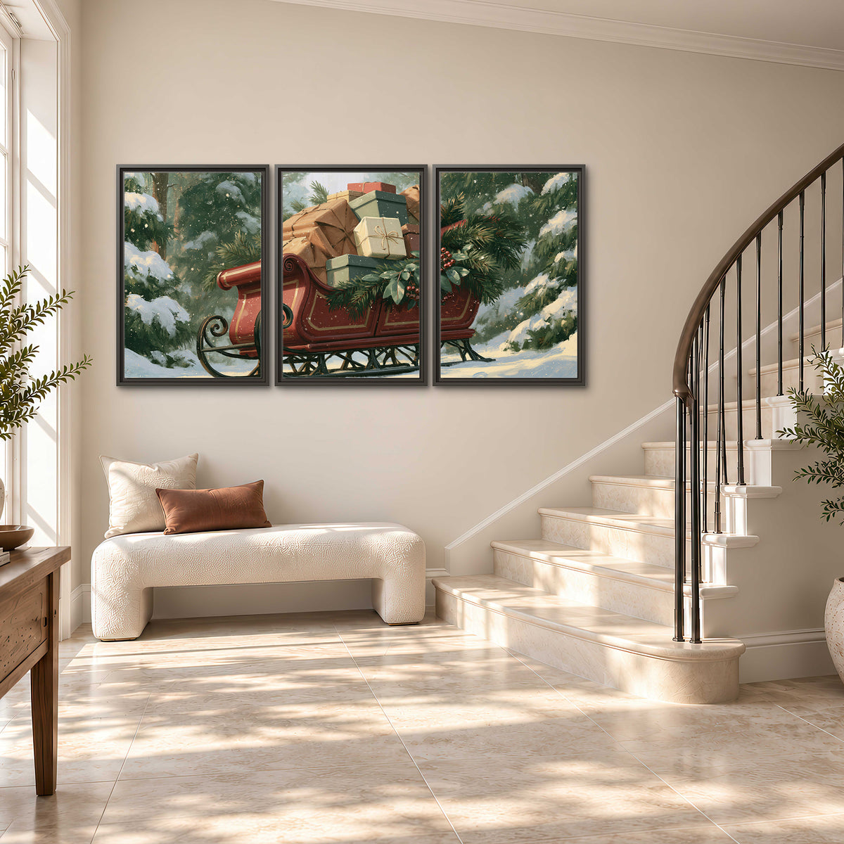 A red sleigh stacked with warm neutral gifts beneath snow-covered evergreen branches 3 piece framed canvas wall art styled in an interior