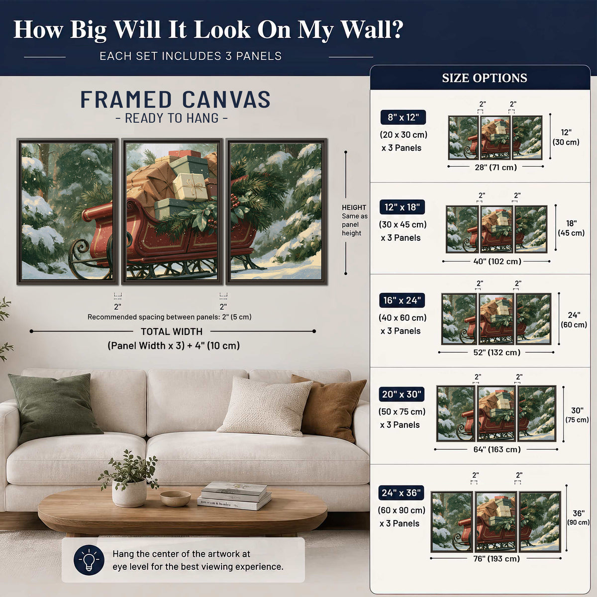 A red sleigh stacked with warm neutral gifts beneath snow-covered evergreen branches 3 piece framed canvas wall art size guide above a sofa; room view is illustrative