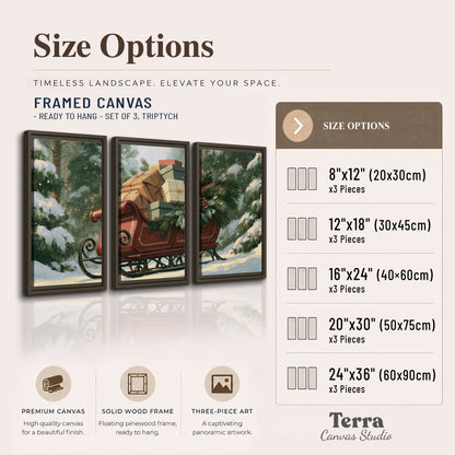 A red sleigh stacked with warm neutral gifts beneath snow-covered evergreen branches 3 piece framed canvas wall art available dimensions; triptych dimensions are per panel