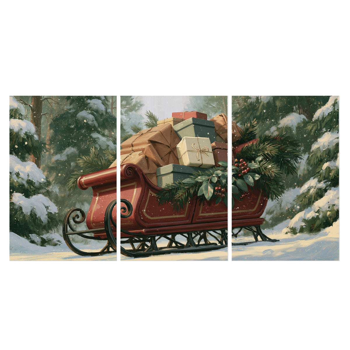 A red sleigh stacked with warm neutral gifts beneath snow-covered evergreen branches set of 3 poster prints viewed straight on
