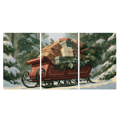 A red sleigh stacked with warm neutral gifts beneath snow-covered evergreen branches set of 3 poster prints viewed straight on